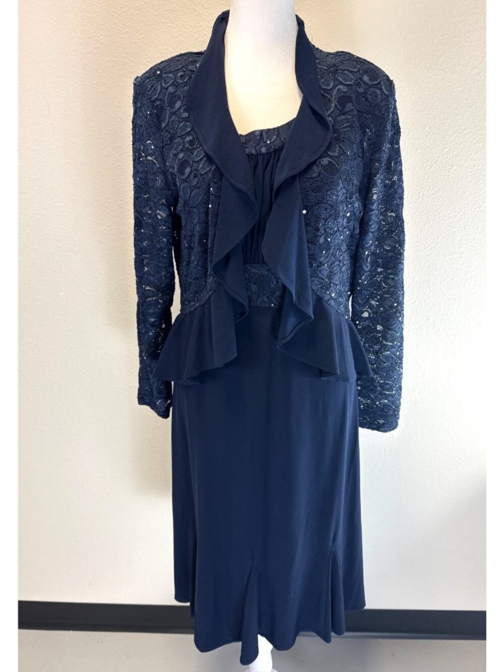 R&M Richards Formal 2-Piece Navy Dress+Jacket Mother Dress SZ 8 Sequins & Lace